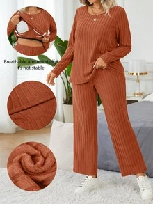 EMERY ROSE 2pcs/Set Fitted Casual Ribbed Brushed Long Sleeve Top And Pants Set With Built-In Padded Bra - Rust Brown - View 1