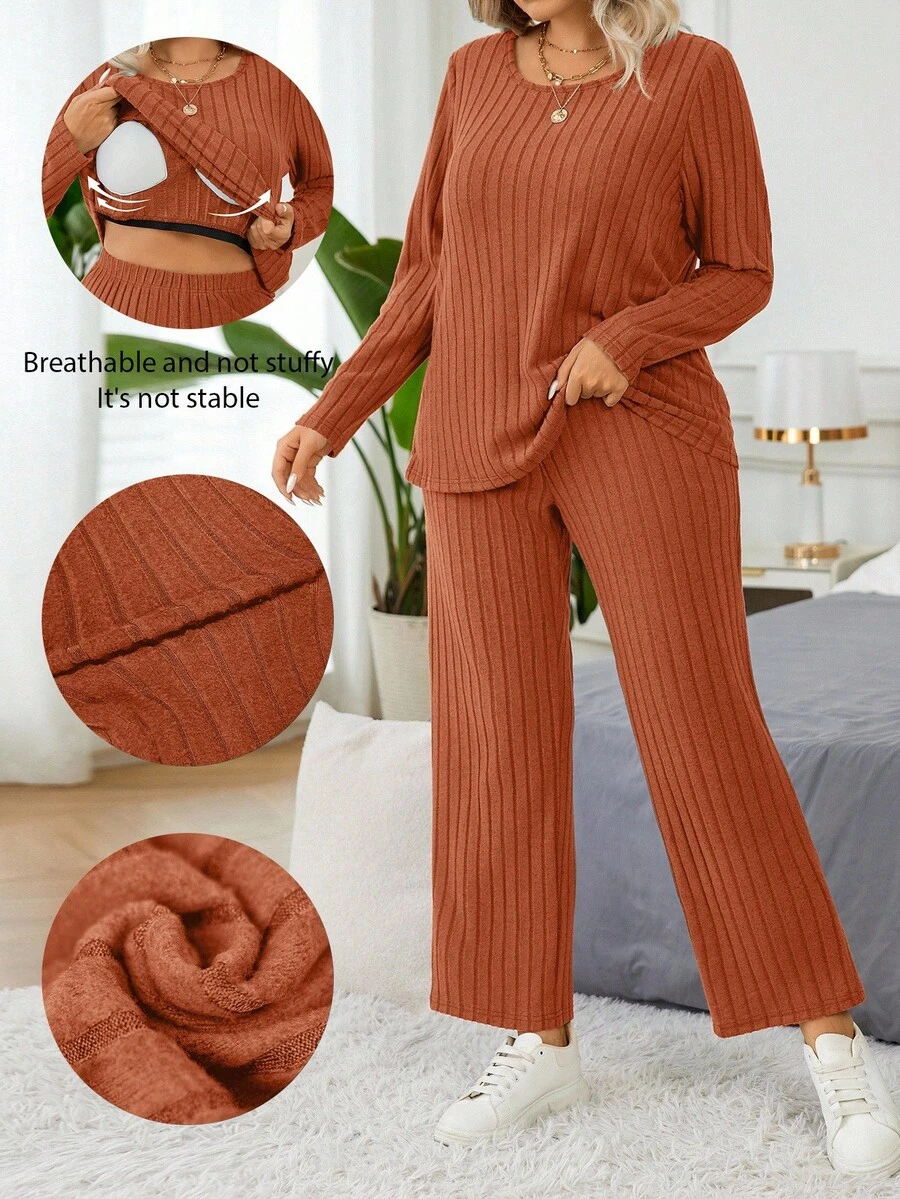EMERY ROSE 2pcs/Set Fitted Casual Ribbed Brushed Long Sleeve Top And Pants Set With Built-In Padded Bra - Rust Brown - View 1