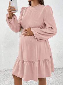 孕妇优雅晚礼服，橄榄绿色灯笼袖前开衩长裙，修身长款孕妇装 - 淺粉色 - 查看 5