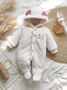 SHEIN 新生儿简约时尚可爱刺绣小猫长袖连帽连体睡衣 - 白色 - 查看 4