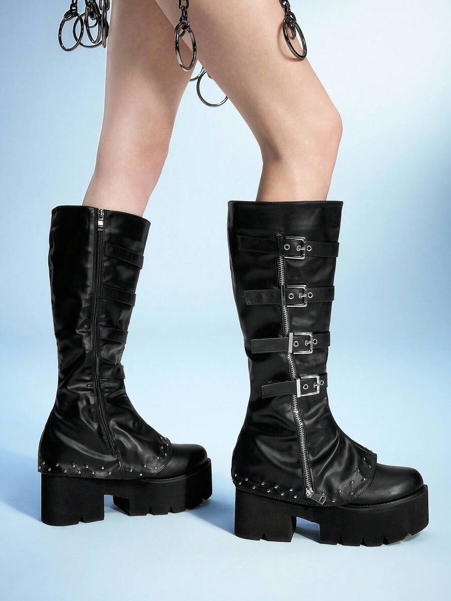 Sugerpunk 8cm Heel Women's New Buckle Strap Thick Sole Side Zipper Fashion Riding Boots - Black - View 1