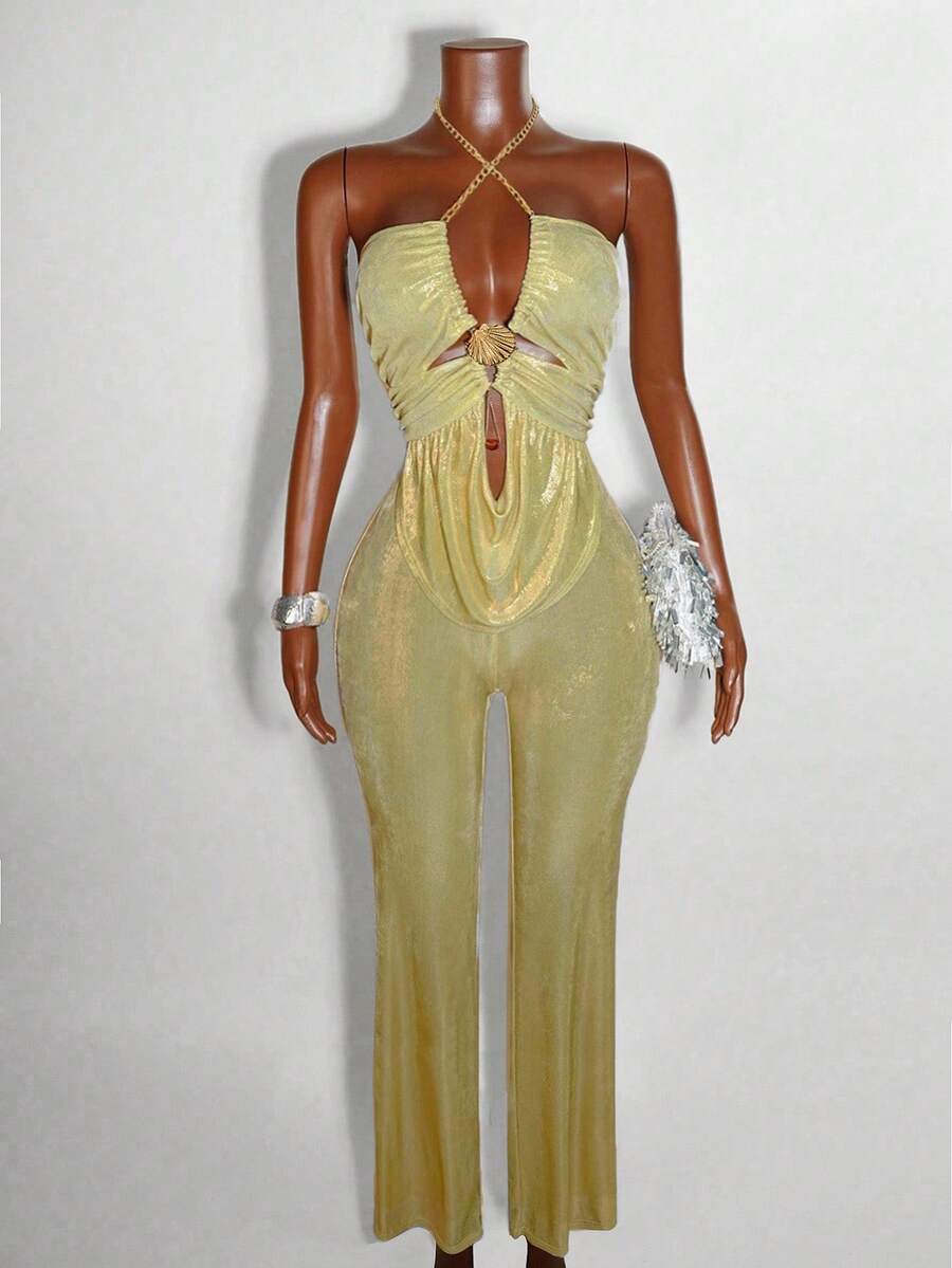 Mistrie Women Metal Decor Fitted Sexy Backless SleevelessMetellic Twisted Asymmetrical Ruched Mini Dress Prom  Jumpsuit - Gold - View 1