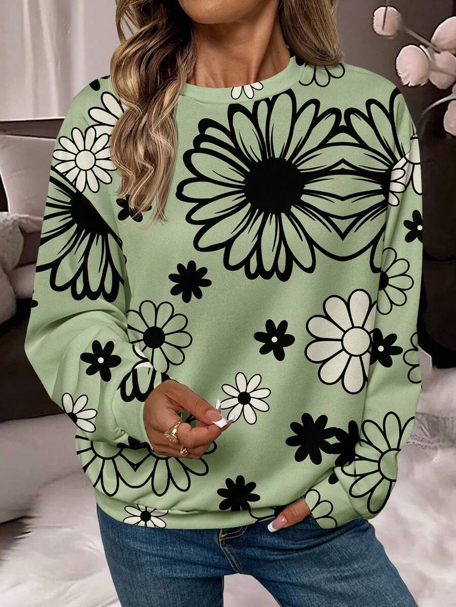 EMERY ROSE 休闲简约印花圆领长袖宽松女式卫衣，秋冬可爱卫衣大码连帽衫女绿色毛衣花朵上衣女式大码卫衣，休闲 - 彩色 - 查看 1