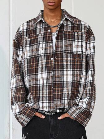 Street Life Camicia a quadri larga e alla moda da uomo, stile urban giovanile, adatta per lo streetwear, uso casual quotidiano, uscite nel weekend, festival musicali, autunno