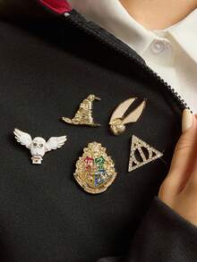 HARRY POTTER X SHEIN 5pcs/Set Fashionable Zinc Alloy Brooch Pins, Golden Snitch, Deathly Hallows, Hedwig, The Sorting Hat, Suitable For Collection And Gifts