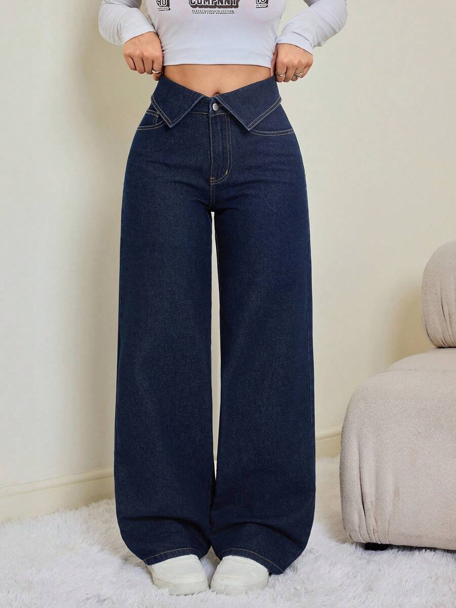 SHEIN Tall 女式翻边腰阔腿宽松休闲牛仔裤 - 深色水洗藍 - 查看 1