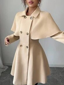 Elenzga 女士开领披肩领长袖收腰 A 字型优雅精致夹克 - 棕色 - 查看 4