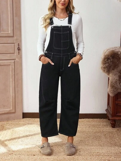 EMERY ROSE Women's Loose Fit Pocket Denim Overalls