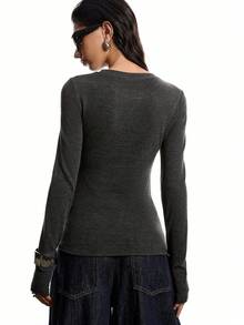 LYSMO 女式休闲纯色修身T恤，秋季 - 深灰色 - 查看 2