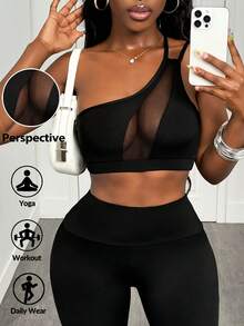 Slaydiva 單肩網眼插入運動胸衣，女式網球裝 - 黑色 - 查看 1