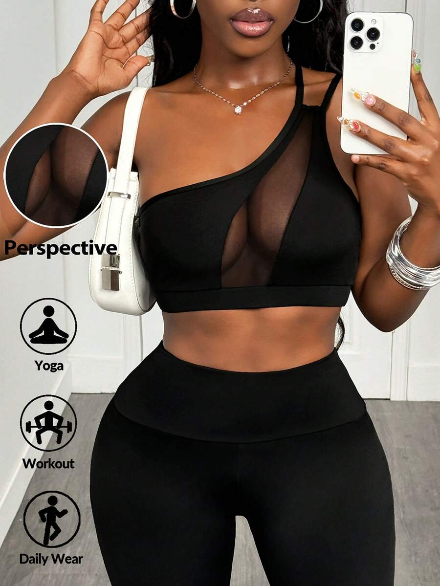 Slaydiva 單肩網眼插入運動胸衣，女式網球裝 - 黑色 - 查看 1