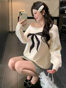 DAZY Autumn White Cute Graphic Date Bow Jacquard Color Block Off Shoulder Pullover Knit Sweater,Loose Casual Fashionable Collegiate Style For Christmas - Beige - View 9