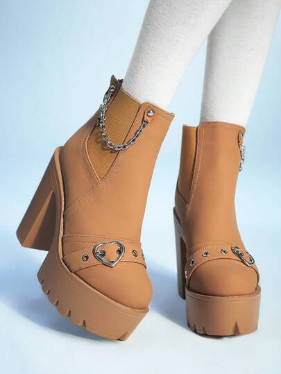 Sugerpunk Women's Gothic Metal Chain Buckle Round Toe Chunky Heel Platform Punk Boots, PU Leather Brown High Heel Boots Suitable For Party, Daily Wear, Evening Dress, Height Increasing And Leg Lengthening