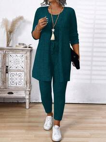 Conjunto casual de mujer talla grande con cárdigan de manga larga acanalado de unicolor, top de tirantes de cuello redondo y pantalones de unicolor - Verde - Ver 3