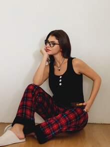 SHEIN Lazeform 女士休闲格子抓绒背心和裤子蓬松睡衣套装，女士家居服格子蓬松睡裤，格子蓬松睡衣，秋冬服装，舒适套装，圣诞节 - 黑色 - 查看 5