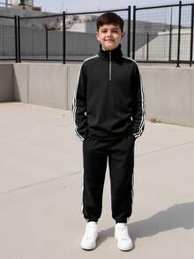 2pcs Tween Boys' Casual Sports Raglan Sleeve Jacket With Collar & Drawstring Waist Pants Set - Black - View 6