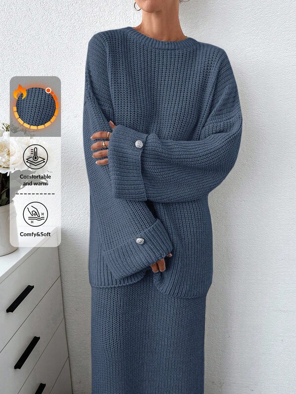 EURMUSE Women Solid Color Chunky Sweater & Sweater Skirt Set
