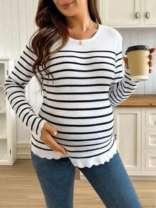 SHEIN Maternity Casual Colorblock Striped Sweater, Autumn - Black and White - View 4