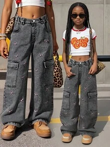 Tween Girl Y2K Minimalist Casual Black Washed Wide Leg Jeans, Comfortable, Large Pockets Design, Elegant Bow Embroidery Jeans, Fashion Must-Have For Girls, Versatile For Daily, Photo Shoot, Outing, Party, New Arrival For 2025 Autumn Fall Winter - Black - View 3