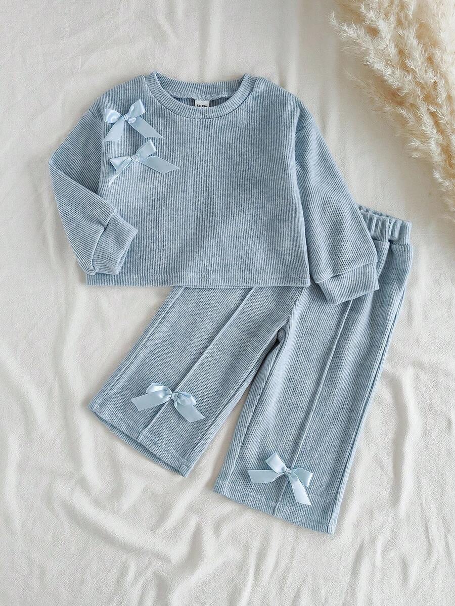 SHEIN Vintaside Kids Baby Mädchen Lässiges, vielseitiges Set aus Langarm-Top mit Schleifendekor und Hose, geeignet für Frühling, Herbst, Winter, Innen- und Außenbereich, Alltagskleidung