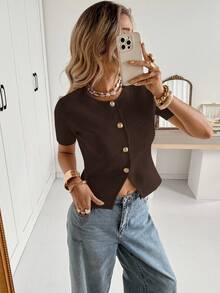 Siren Gaze Cárdigan casual de mujer de manga corta, cuello redondo, con botones delanteros, de unicolor y delgado - Café integral - Ver 3
