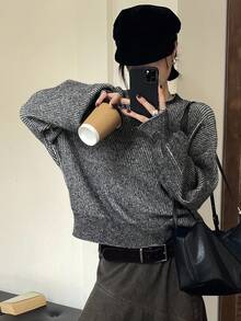 DAZY Áo len chui đầu kẻ sọc nhiều màu dáng rộng thoải mái cho nữ, phù hợp mặc công sở mùa thu đông - màu đen - Xem 5