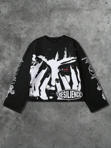 ROMWE MEN Street Life Men's Street American Dark Beauty Woman Face English Graphic Print Long Sleeve T-Shirt, Fall - Black - View 3