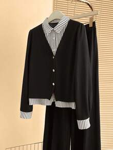 Resyla Women's New Striped Shirt & Wide Leg Pants 2 Pieces Set, Autumn/Winter Outfit - Black - View 3