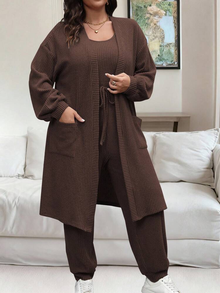 Plus Size Women's Solid Color Drop Shoulder Long Sleeve Open Front Jacket And Waist Tie Sleeveless Jumpsuit Casual 2 Pieces Set Fall Cloth For Women Brown Three Piece Outfit Women Brown Knit Set Plus Size Two Pieces Set Brown Two Pieces Set Women Women Brown Lounge Set - Chocolate Brown - View 5