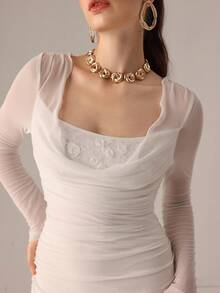 Modelyn Sexy Long Sleeve Plunging Neckline Lace Patchwork Waist Cinched Ruched Bodycon Dress - White - View 5