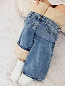 SHEIN Tall 秋冬季女士带口袋阔腿宽松休闲保暖牛仔裤，外出保暖卡其色保暖内衬破洞低腰直筒蓝色牛仔裤 - 中等水洗藍 - 查看 1