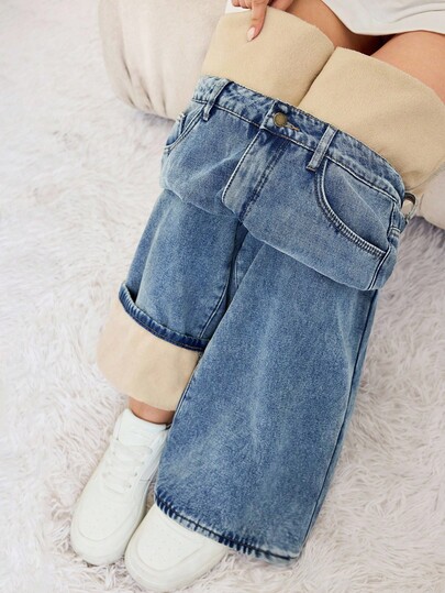 SHEIN Tall 秋冬女款口袋寬腿鬆款休閒保暖內裡牛仔褲，冬季保暖卡其色做舊低腰直筒藍色，適合高個女性