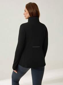 Auralis Athleisure Plus Size Women Reflective Polka Dot Print Long Sleeve Zipper Winter Jacket With Thumb Holes, Tracksuit, Jersey Shirt, Women's Sportswear For Fall/Winter - Black - View 3