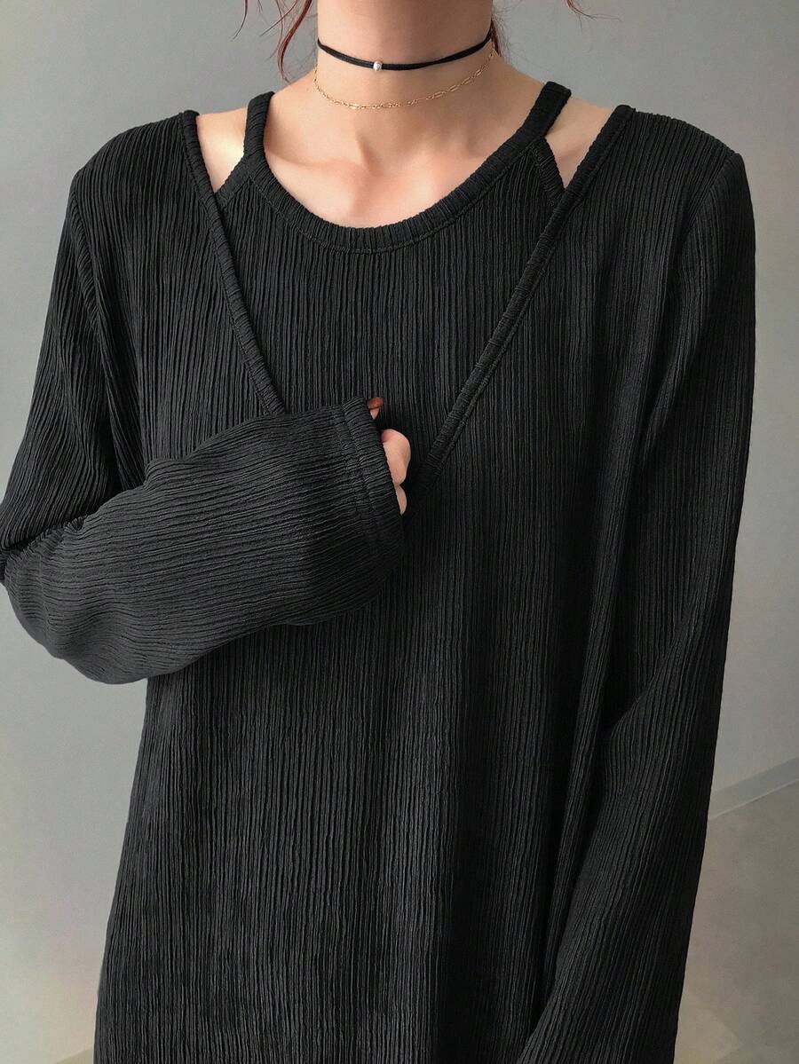 FRIFUL Women's Textured Fabric Straight Long Sleeve Dress, Autumn Long Shirts Long Sleeve Tops Ribbed Shirt - Black - View 1