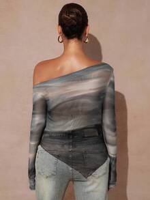 MaterniChic 孕妇斜肩长袖扎染印花百褶时尚T恤 - 灰色 - 查看 2