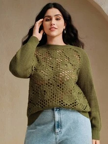 Anewsta 宽松针织毛衣，钩编镂空花卉拼布设计，圆领 - 綠色 - 查看 3