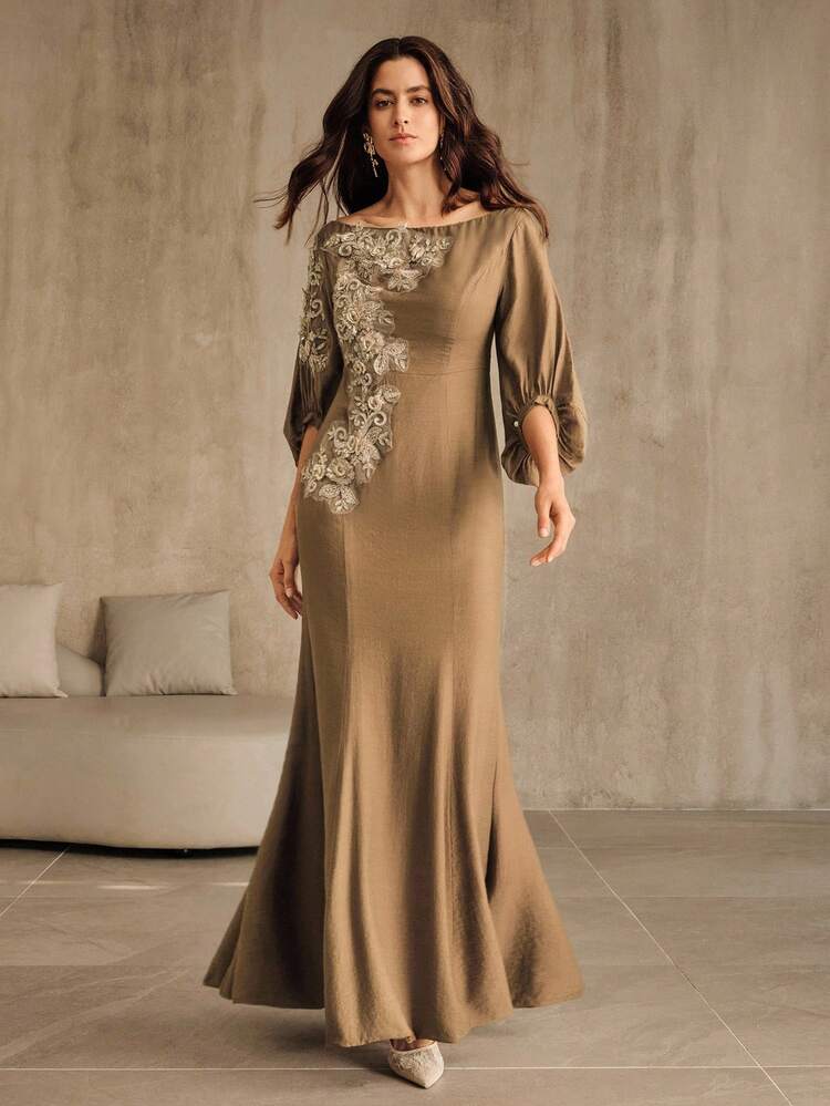 Shoulder Cutout Floral Embroidered Linen Dress, Suitable For Autumn, Fall, Going Out, Elegant, Formal, Party, Chic, New Year, Christmas, Work, Graduation, Wedding