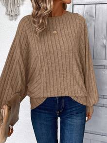 EMERY ROSE Women's Fuzzy Ribbed Batwing Long Sleeve Sweatshirt, Autumn,Fall - Coffee Brown - View 3