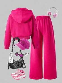 SHEIN ChillGRL 2pcs/Set Tween Girls Casual Loose Hoodie Sweatshirt And Wide Leg Pants Set, Thermal Lined For Autumn/Winter - Hot Pink - View 2