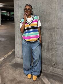 StreetHx Áo len dệt kim không tay hở cổ màu sắc phong cách đường phố dành cho nữ, thường ngày cho mùa thu/đông - Nhiều màu - Xem 4