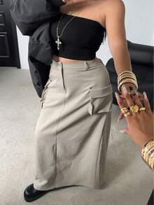 POPSWAY 大码休闲复古简约美式街头风工装裙 - 卡其色 - 查看 6