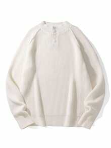 Manfinity Homme Men's Solid Color Button Half Placket Raglan Sleeve Casual Sweater, Autumn/Winter - Beige - View 1