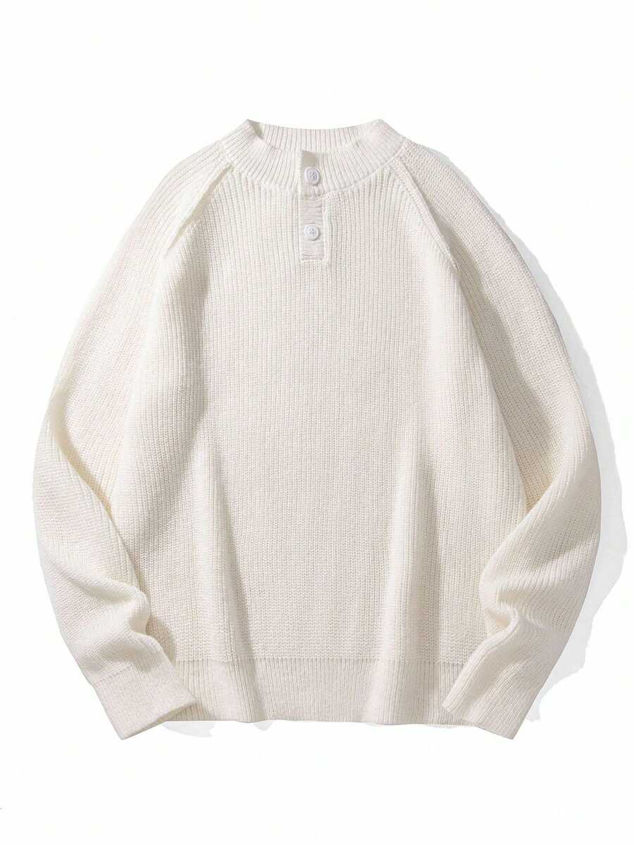 Manfinity Homme Men's Solid Color Button Half Placket Raglan Sleeve Casual Sweater, Autumn/Winter - Beige - View 1