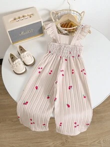 Genkimix Kids 1 件复古休闲修身独特樱桃印花连体裤，适合夏季户外和学校 - 杏色 - 查看 2