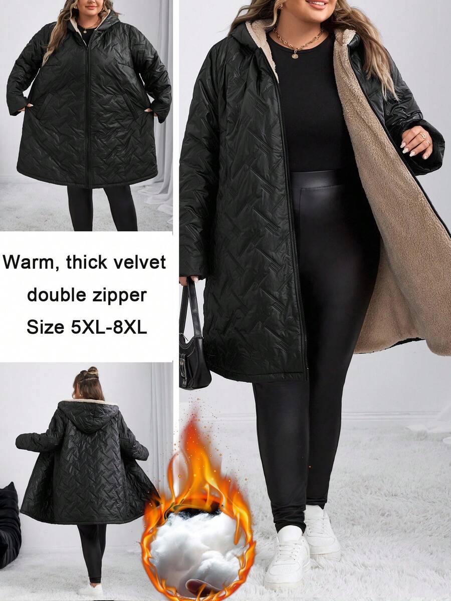 SHEIN CURVE+ Veste d'hiver casual à capuche avec doublure chaude pour femmes grande taille, convient pour l'hiver, vêtements en coton pour femmes grande taille - Noir - View 1