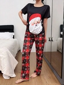 Dream Adore 2pcs Santa Claus Oversized Print Short Sleeve Top & Pants Pajama Set, Christmas - Multicolor - View 4