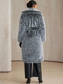 Aveloria Modichic Abrigo largo elegante de piel sintética de dos tonos con cuello vuelto y degradado ombre, chaqueta de piel sintética de zorro suave y de alta gama - Gris Oscuro - Ver 2