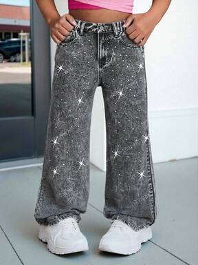 Jeans larghi lavati alla moda e casual con decorazione di cristalli per ragazze in colore grigio