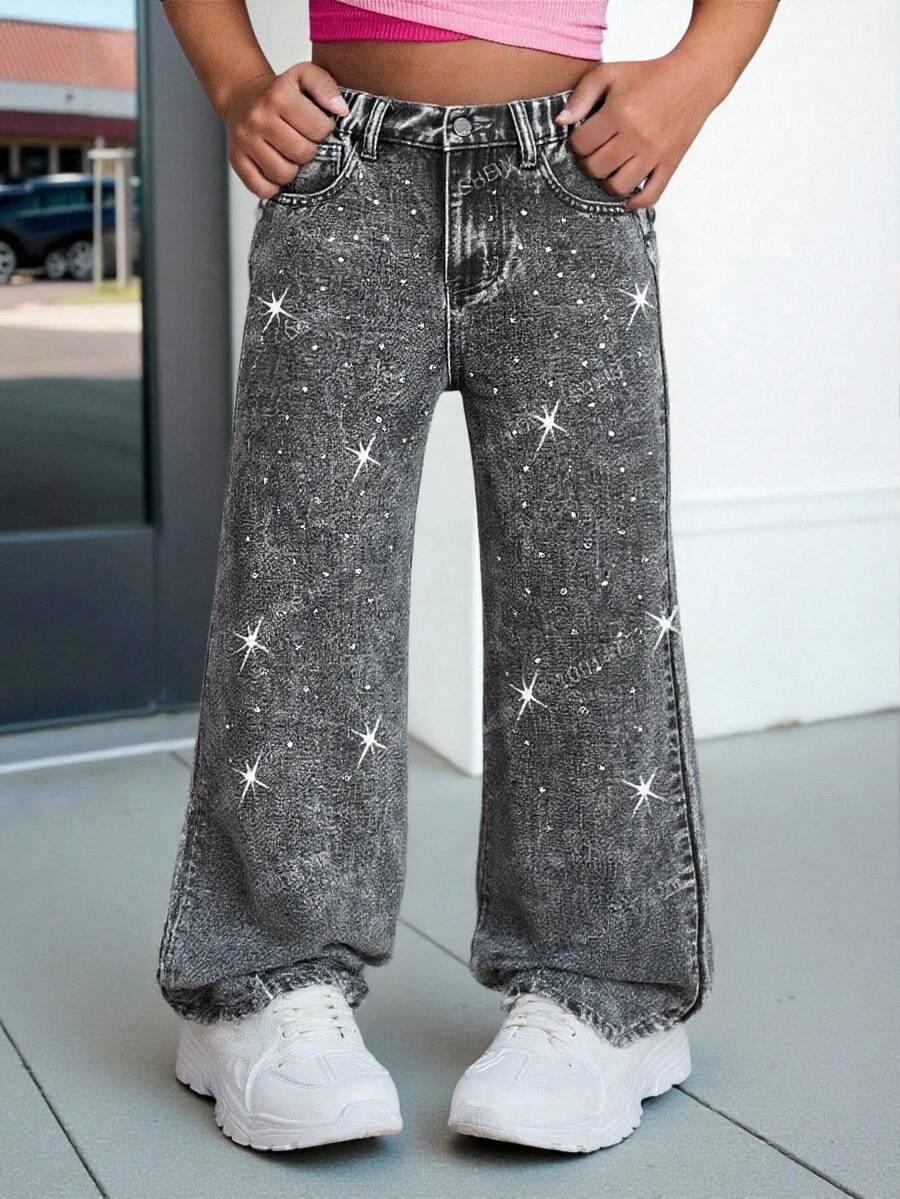 Girls' Grey Fashionable Casual Loose Wide Leg Washed Jeans With Rhinestone Decor - Dark Grey - View 1