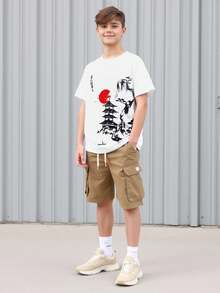 SHEIN 1 Pc Teen Boys T-Shirts Fit Crew Neck Short Sleeve Graphic Tee Landscape Casual Japanese Fashion PolyesterSpring Wear; Teen Boys' Clothing; Spring Back To School - White - View 9